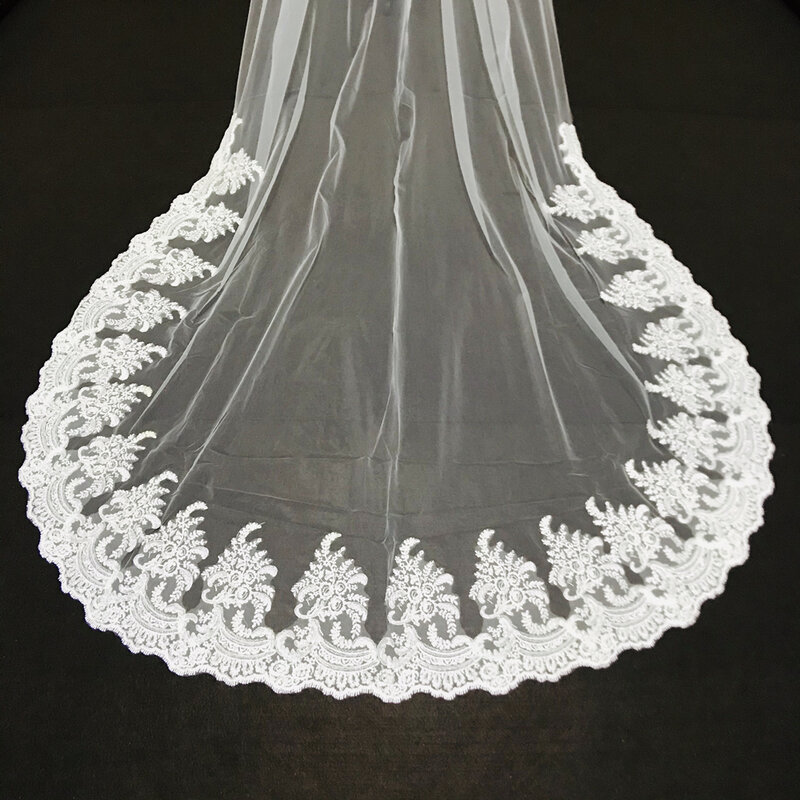 Bruiloft Sluiers Kathedraal Lengte Lace Geappliceerd Een Layer Custom Made Wit Ivoor Veils Met Kam Bruid Bruids Accessoires