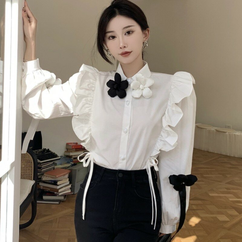 قمصان السيدات الحلو شيك ثلاثية الأبعاد القوس الأزهار الكشكشة بلوزات أنيقة Blusas De Mujer 2022 الربيع الكورية بلوزات أنيقة بيضاء الإناث