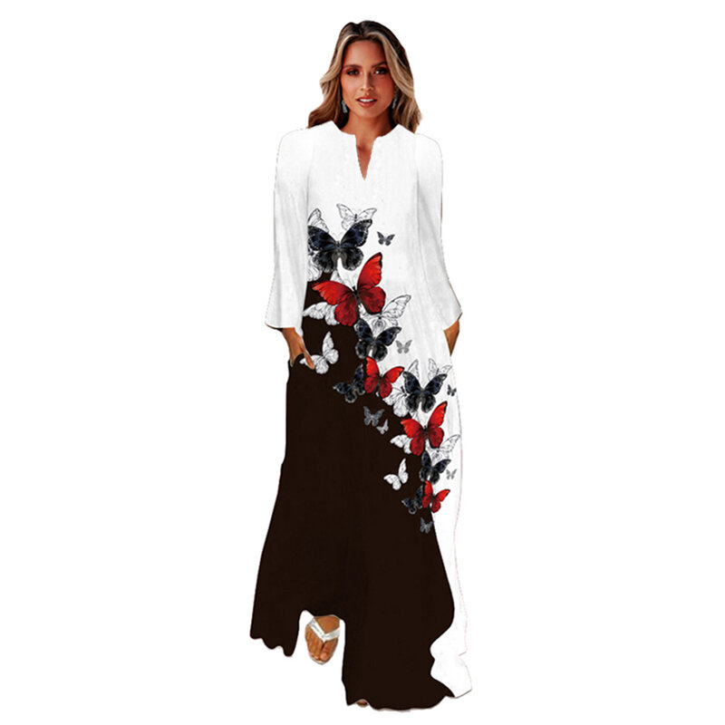 WAYOFLOVE 2022 Gaun Putih Musim Gugur Gaun Wanita Gambar Bunga 3D Ritsleting Elegan Lengan Panjang Kasual Pantai Wanita Gaun Wanita Panjang Longgar
