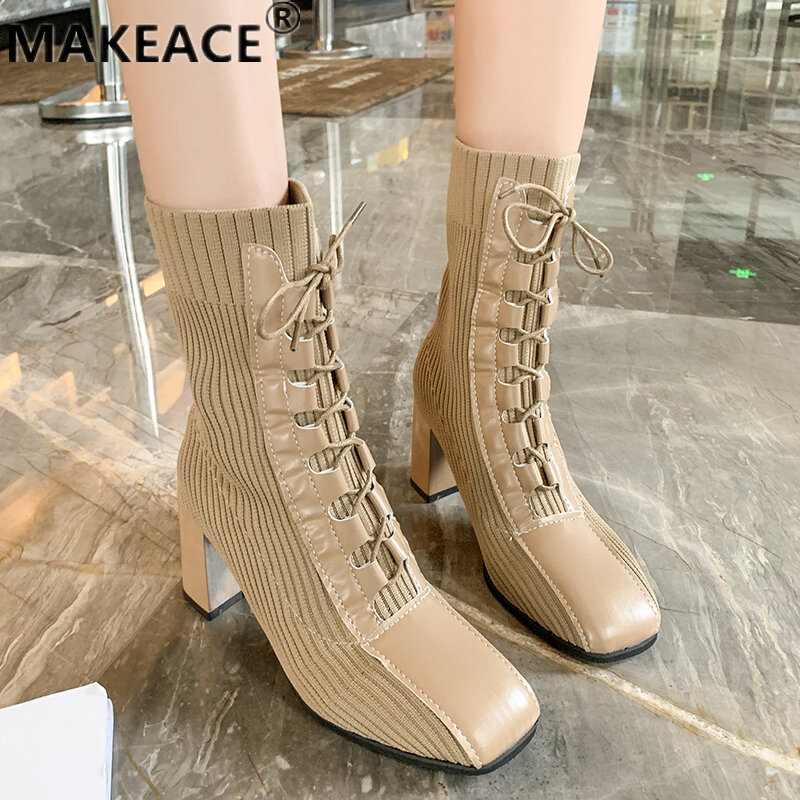 2021 botas femininas moda frente laço-up mid-tube botas outono de salto alto estiramento botas plataforma legal sapatos bezerro meias botas