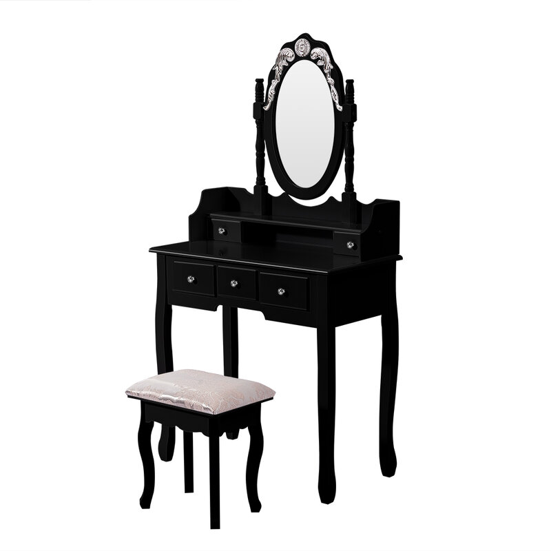 Penteadeira de maquiagem retrô com banco, 5 gavetas esculpidas, espelhos ajustáveis, estilo retrô branco/preto