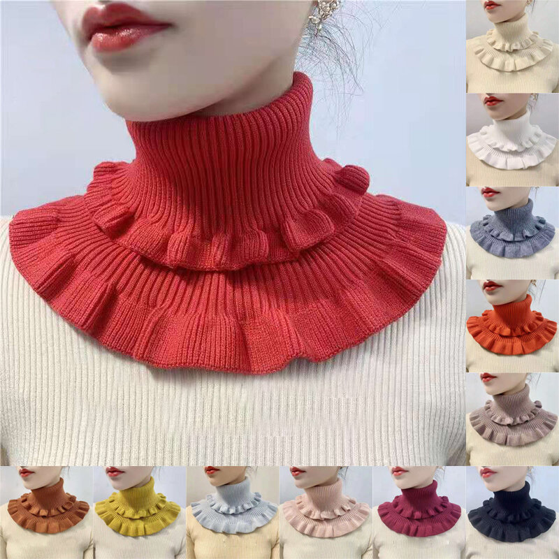 Fake Collar Neck Guard Fall/Winter Women's High-neck Thicker More Versatile Collar Pure Color High-stretch Knit Ruffle Bib A45