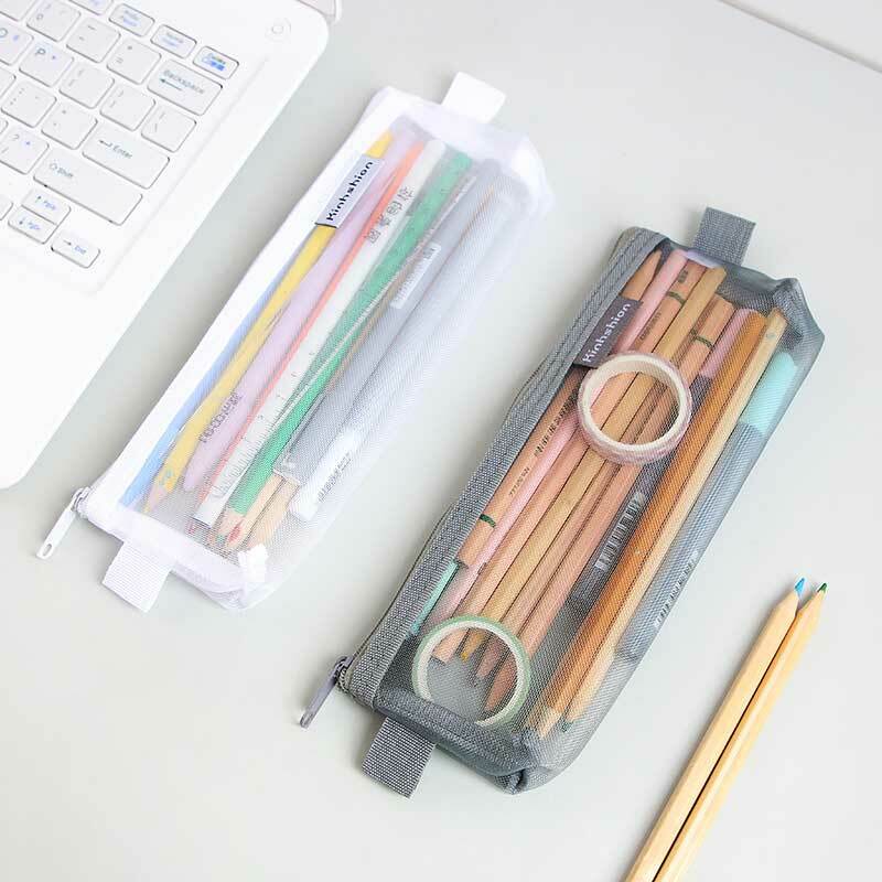 シンプルな無地スタイル透明メッシュペンケースオフィス学生学校の文具鉛筆ボックス化粧収納ポーチバッグ