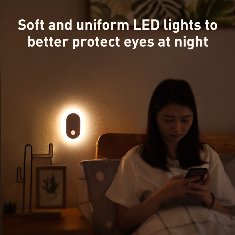 Baseus Mới Lạ LED Đèn Ngủ Cảm Biến Chuyển Động Cảm Biến Ánh Sáng USB Sạc Đầu Giường Đèn Tường Nhà Thông Minh Cho Nhà Bếp Tủ Quần Áo Tủ