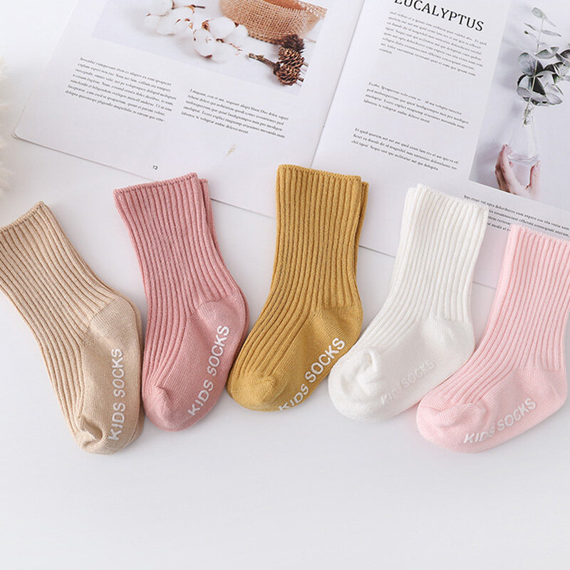 Носки для младенцев 0-3 лет, однотонные нескользящие носки с двойными иглами и вертикальными полосками для новорожденных, детские носки