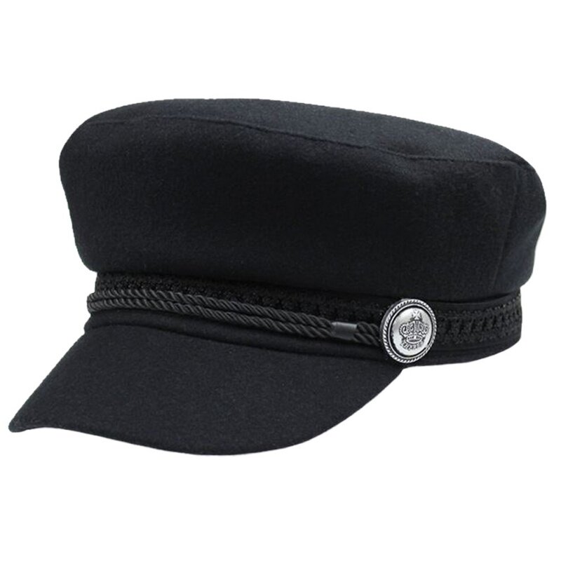 Chapéu preto da moda, chapéu de inverno de lã, chapéu feminino com botões, gorro casual de corda, chapéu plano para mulheres