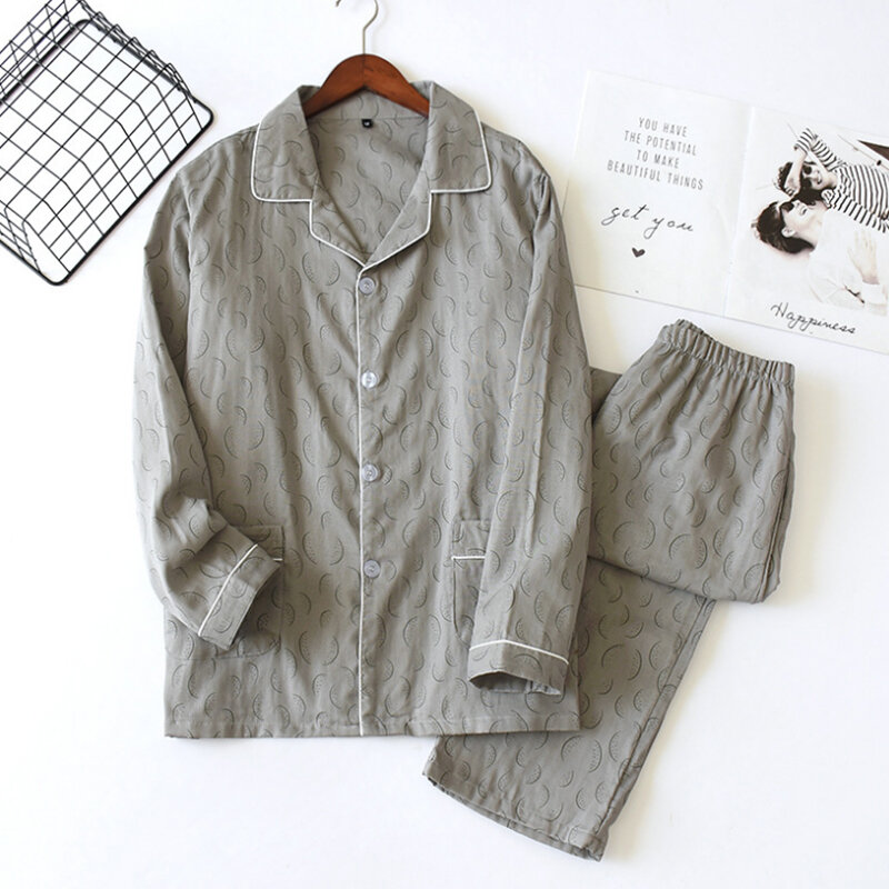 Novo outono masculino crepe 100% algodão gaze terno mangas compridas calças dos homens conjunto de pijama dos desenhos animados pijamas 2 peça conjunto