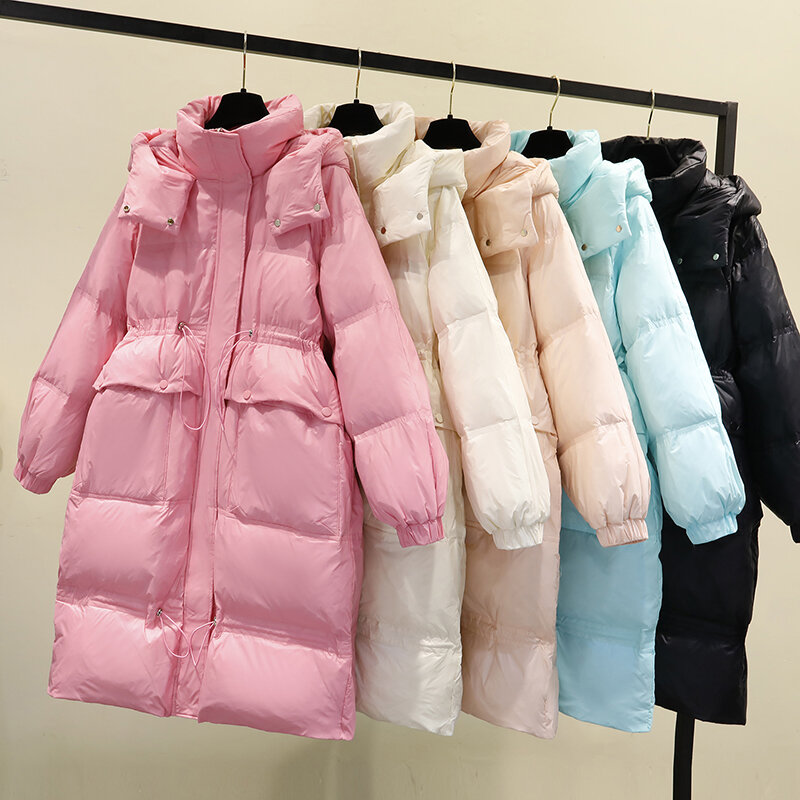 Veste de neige longue à capuche blanche pour femme, manteau épais et chaud, ample, couleur unie, collection hiver 90%
