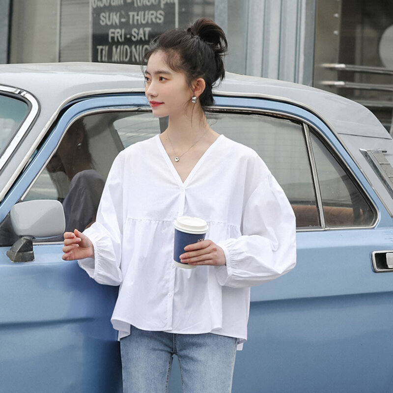 Stile giapponese autunno nuovo 2021 moda camicetta allentata tinta unita scollo a v Casual lanterna manica semplicità temperamento donna