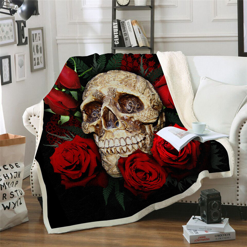 Manta con estampado 3D de calavera y flor de la muerte para adultos, ropa de cama usable, de lana, lavable, para el hogar y la Oficina