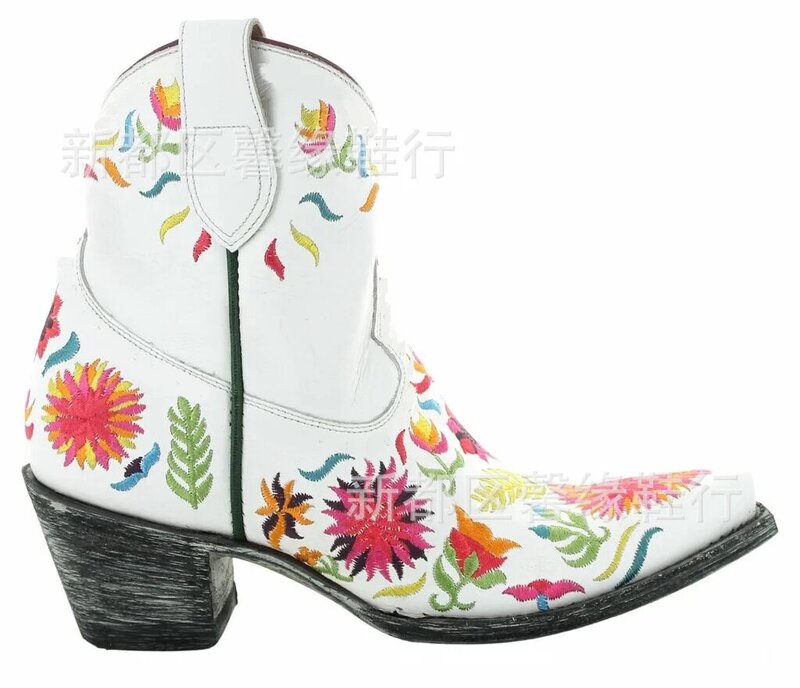 Bottines de Cowboy à bout pointu pour femmes, Chaussures en Faux cuir, à talon carré et épais, en noir et blanc, grande taille 34-43, décontractées, automne