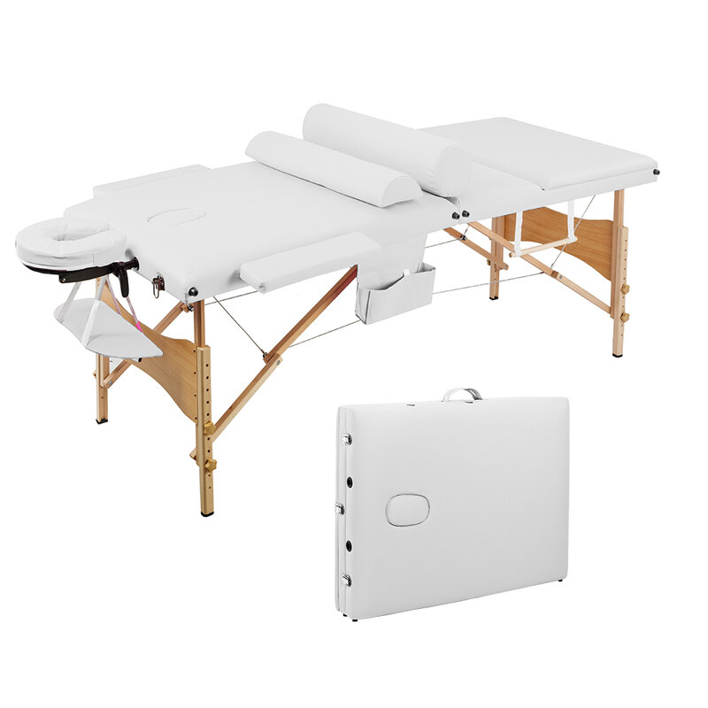 سرير جمال قابل للطي ، 212 × 70 × 85 سنتيمتر ، 3 أقسام ، طقم طاولة تدليك ، سبا ، كمال الأجسام ، أبيض