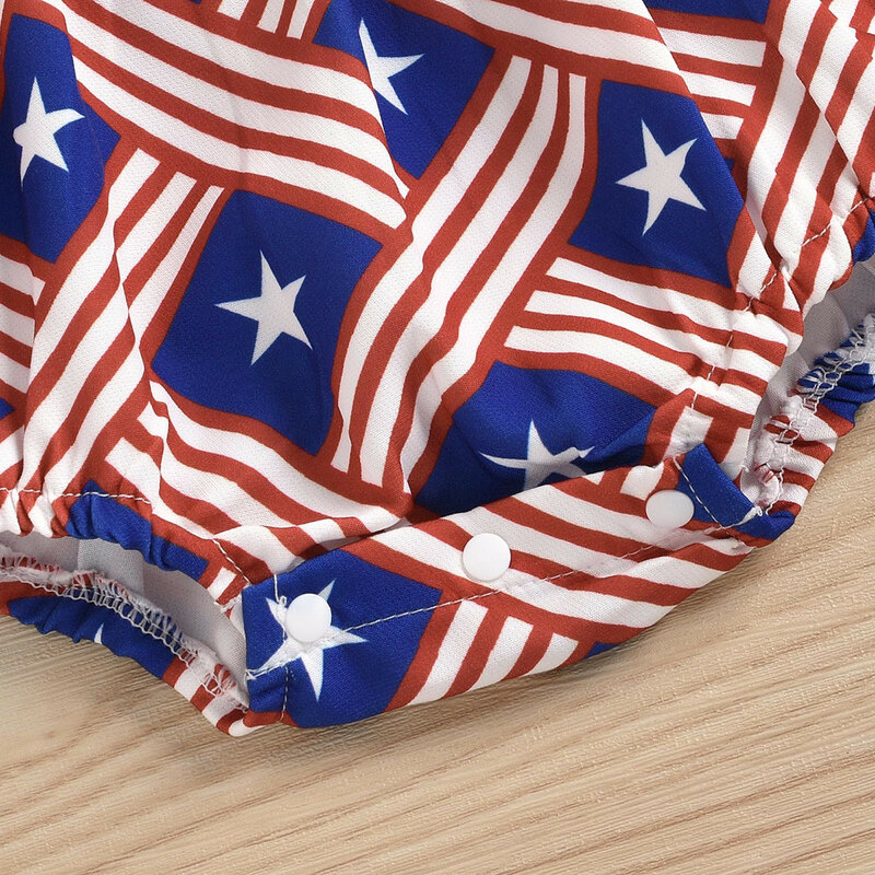 Baby Girl Independence Day Suspender Jumpsuit Stars & Stripes Print Round Neck Bow Lace-Up Triangle Romper for Summer 0-24Moths