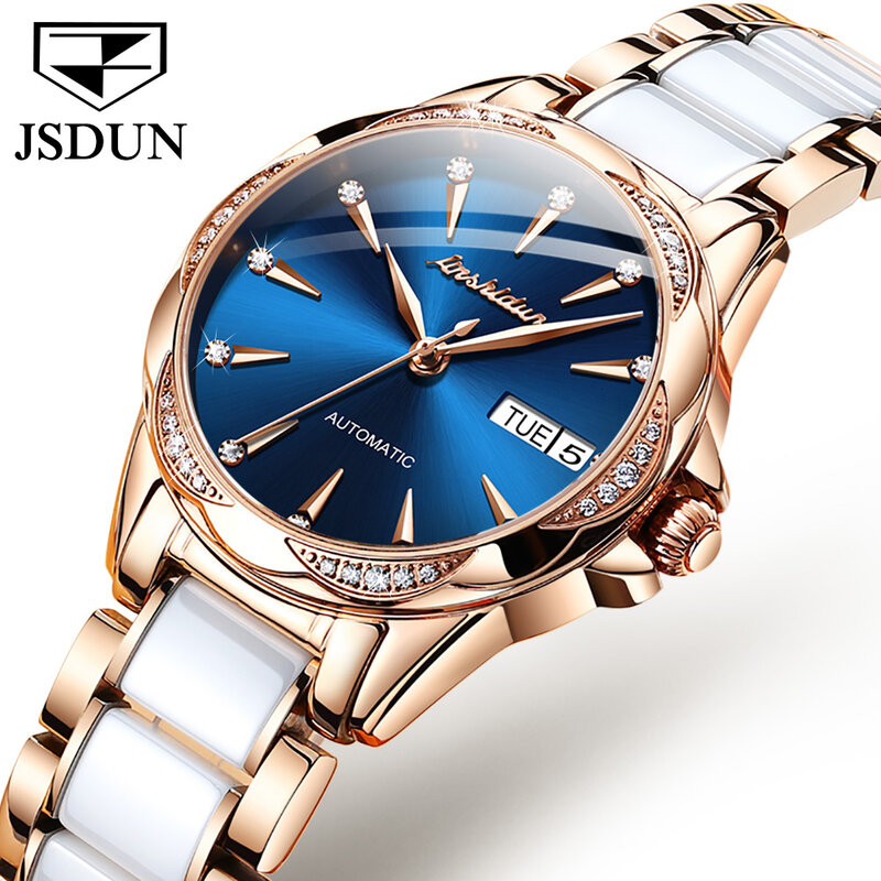 Jsdunトップブランドセラミックス自動機械式時計女性の高級サファイアブレスレット女性の腕時計有名なrelogios feminino