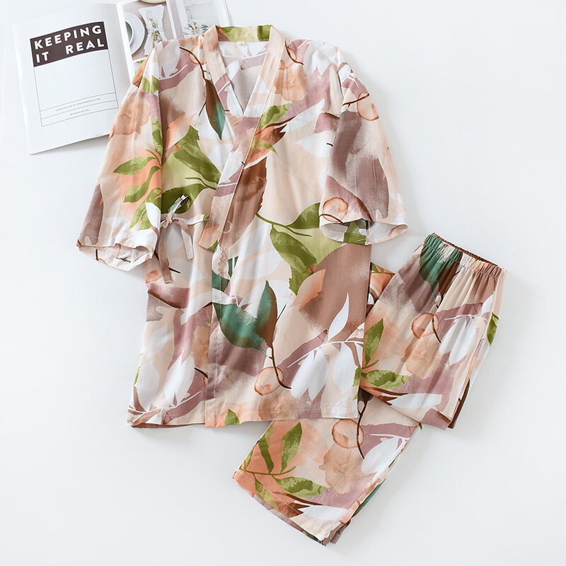 Damen Kimono Pyjamas Set V-ausschnitt Kurzarm Floral Pyjamas Japanischen Gedruckt Baumwolle Nachtwäsche Sommer 2-stück Dünne Homewear Anzug