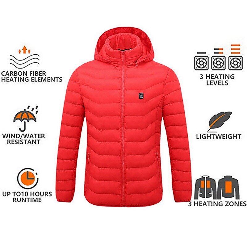 Jaqueta elétrica aquecida com capuz, casaco de algodão com aquecimento elétrico usb para acampamento, caminhada, caça, aquecimento térmico, jaqueta de inverno