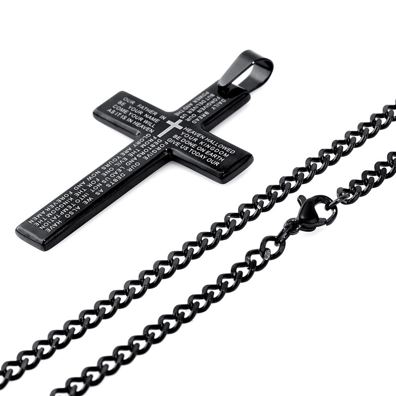 Retro Christian Jesus Single Titanium Alkitab Cross Kalung Stainless Steel Hitam Doa Kalung Cross Liontin untuk Pria Colar