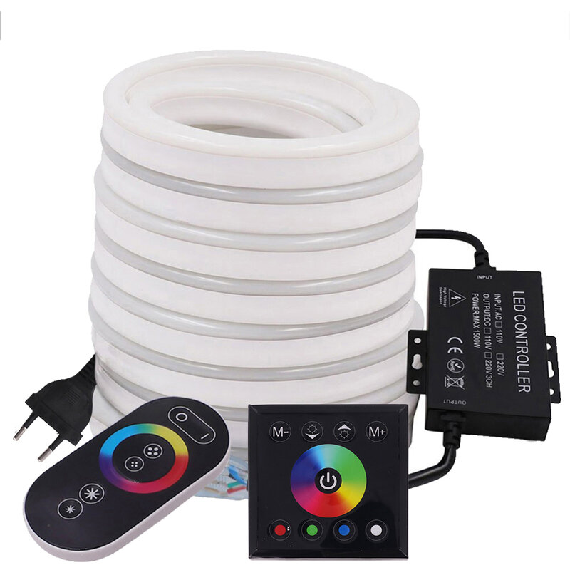 Tira de luces LED de neón, cinta Flexible RGB de 220V con Control remoto táctil completo, 5050 120 LED, resistente al agua, señal de neón, cuerda, lámpara de la UE