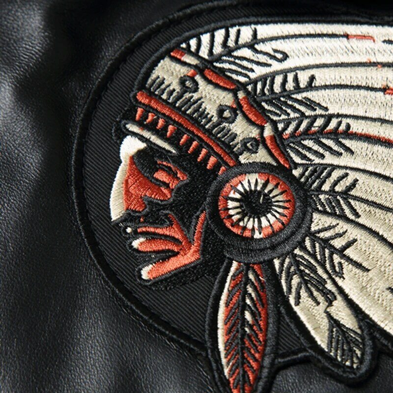 Indian Embroidery Flight Suit Pure Sheepskin Jacket Men's Oversize Motorcycle Slim Coat Cotton warm detachable lamb wool collar