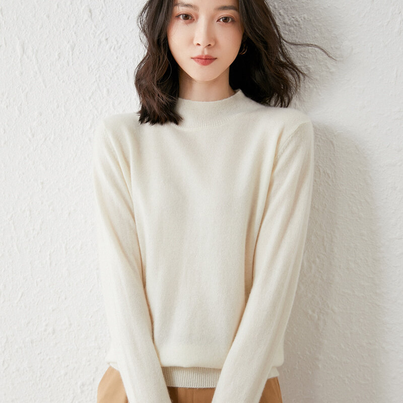 Suéter de Color sólido para mujer, Cuello medio alto, otoño e invierno, ajustado, combina con todo, camisa de punto grueso, mangas largas, 2021