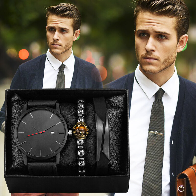 Reloj de pulsera de cuero esmerilado para hombre, cronógrafo de cuarzo con calendario, informal, a la moda, con caja de regalo