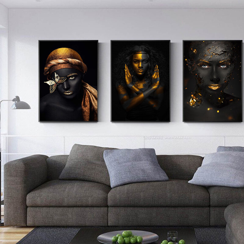 Cuadro moderno de piel negra para mujer, arte de pared dorado, pintura en lienzo, carteles, decoración para sala de estar, Cuadros sin marco