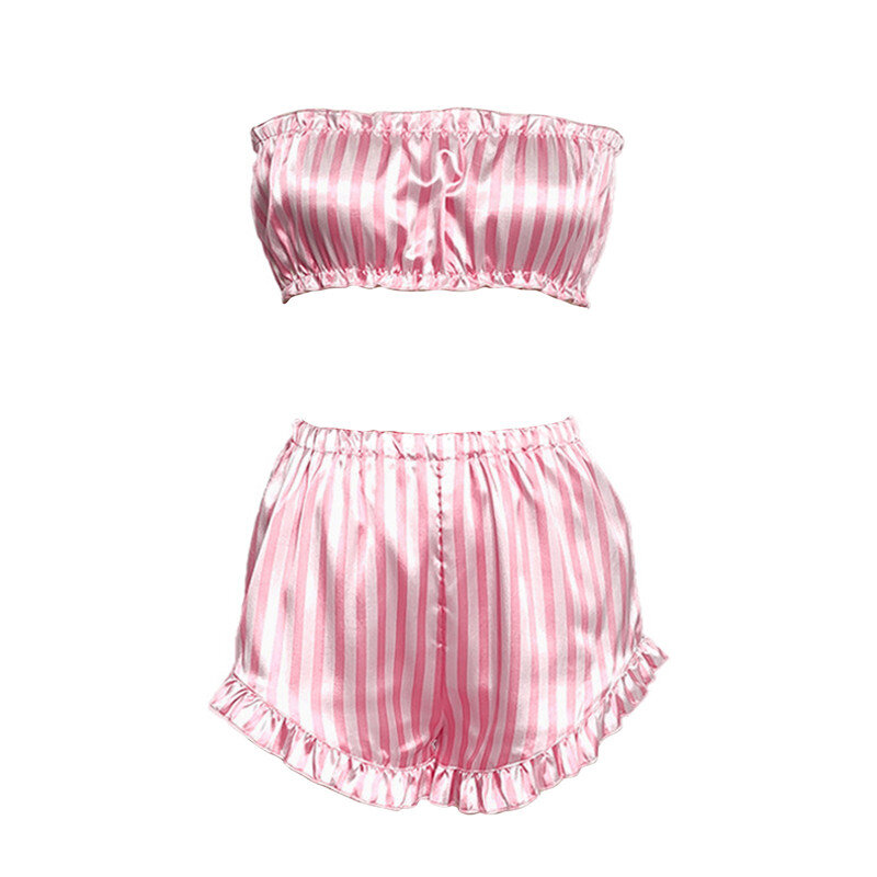 Conjunto de pijama Sexy de dos piezas para mujer, ropa de dormir con estampado a rayas, sin tirantes, hombros descubiertos, Tops cortos de cintura alta, 2021