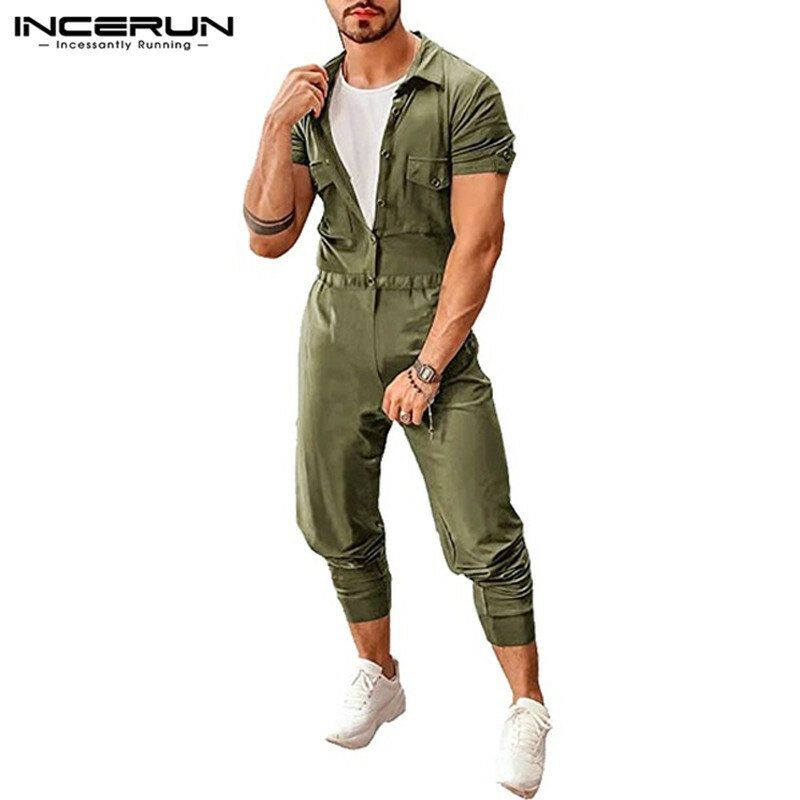 Incerun macacão masculino casual com bolsos, macacão de manga curta com botões e lapela, calça de carga elegante para homens, roupa de rua 7