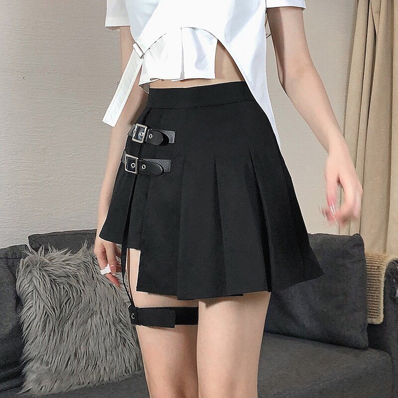 Minifalda de vendaje Irregular para mujer, Falda plisada de corte en A, sólido corto, gótico, Sexy, informal, negra