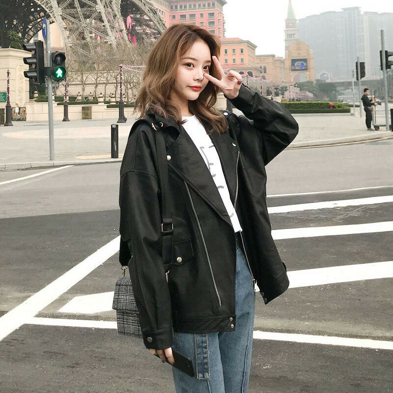 Moda oversized casaco feminino jaqueta de couro do falso primavera outono solto motociclista motocicleta jaquetas feminino punk streetwear