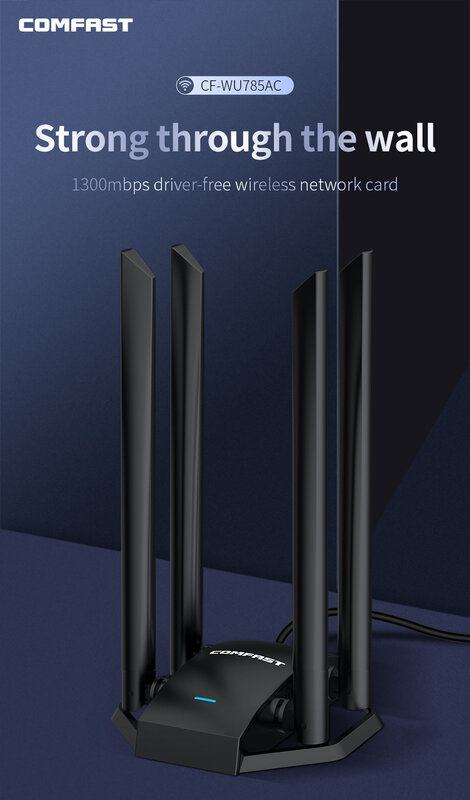 Comfast 1300Mbps Penerima Kartu Jaringan Adaptor WiFi USB Dual Band 2.4G/5Ghz 4 * 6dbi Antena untuk Laptop Desktop PC Win7/8/10/11