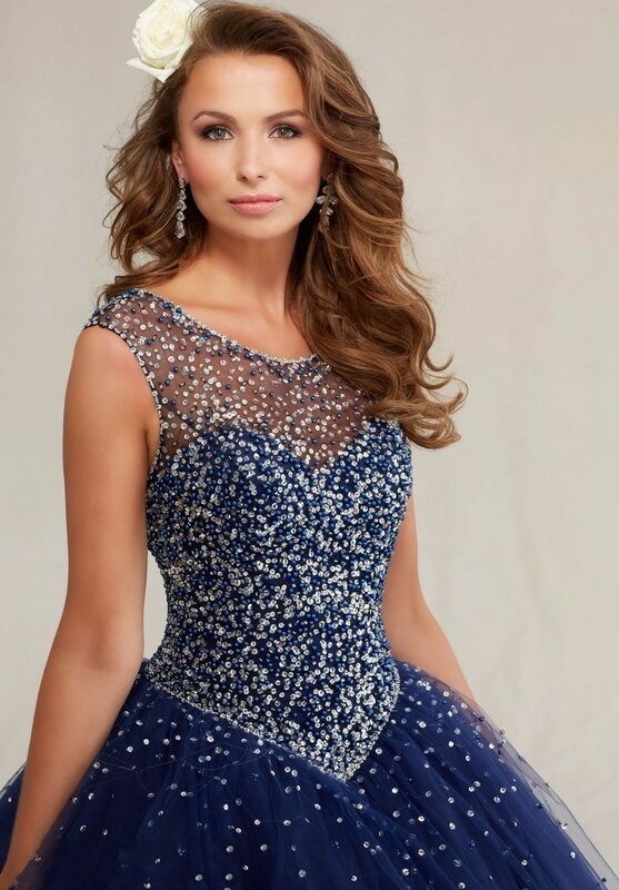 Navy Blue Cheap Quinceanera Dresses Ball Gown Scoop Tulle Beaded Backless Puffy Sweet 16 Dresses