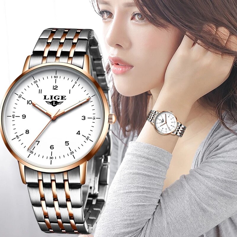 LIGE 2021New złoty zegarek kobiet zegarki damskie kreatywne stalowe damskie bransoletki z zegarkiem kobiet wodoodporny zegar Relogio Feminino