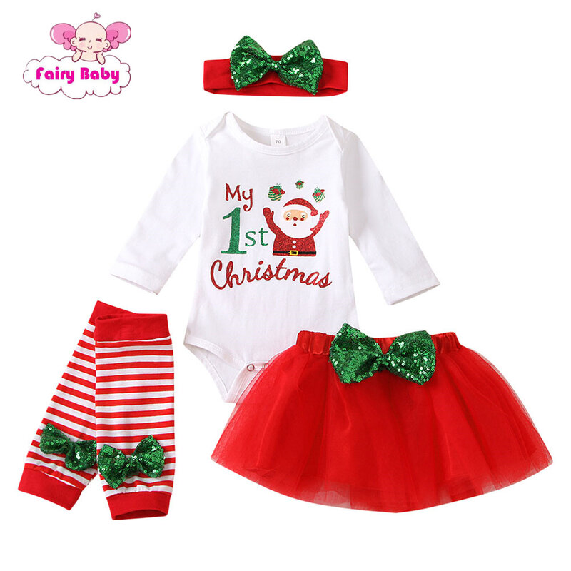 Bebê menina 1st roupa de natal recém nascido 1 ano de festa meninas vestido de manga longa com bandana da criança