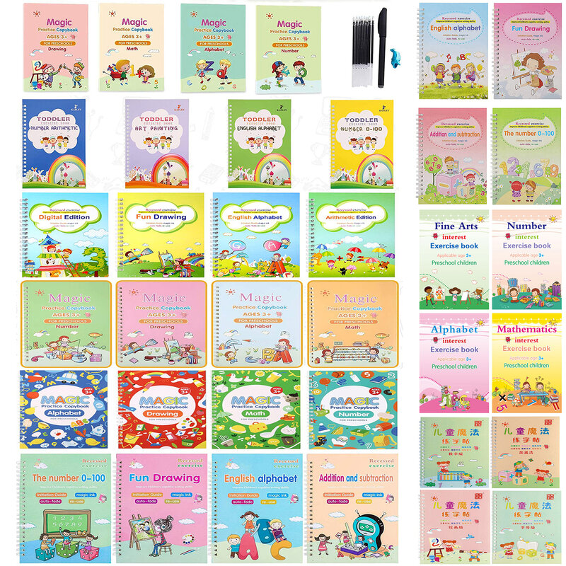 4 Buku + Pena Buku Latihan Sulap Gratis Menyeka Mainan Anak-anak Stiker Menulis Buku Fotokopi Bahasa Inggris untuk Mainan Kaligrafi Montessori
