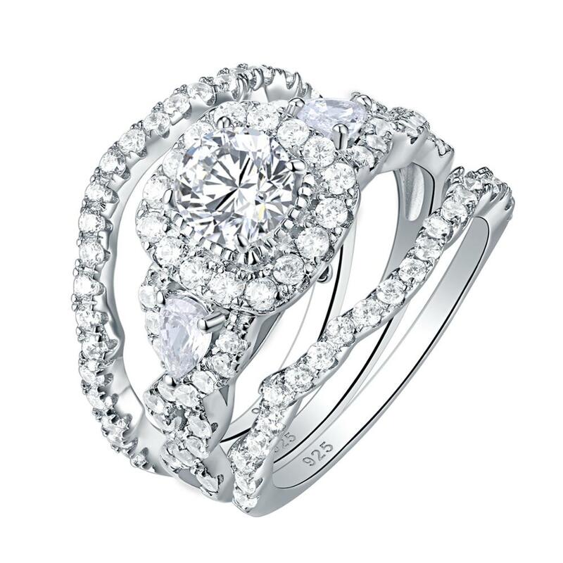 Wuziwen Three-Stone 2.7Ct Halo Engagement Ring Set for Women 100% 925 Sterling Silver AAAAA Zircon Luxury Bridal Jewelry