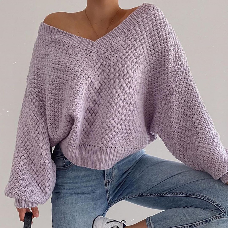 2021 Pullovers Women Autumn Winter Sweaters Solid V-Neck Loose Casual Daily Basic Womens Knitted Basic Chic Long Sleeve Sweater
