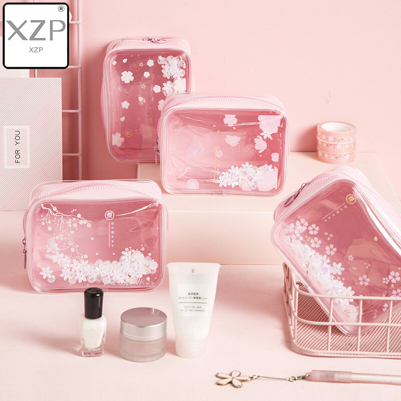 Водонепроницаемая косметичка XZP для девочек, стильная дорожная сумочка розового цвета с узором в виде цветков вишни, с блестками и зыбучим п...