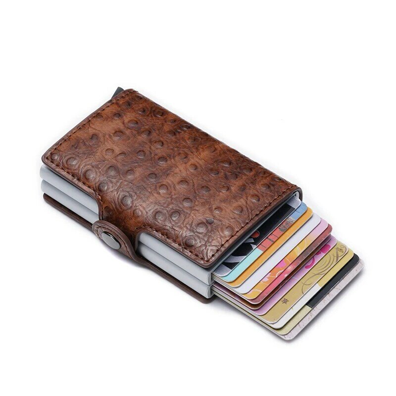 Porte-cartes de crédit autruche, Double boîte RFID, automatique, en Aluminium, métal, cuir, Mini portefeuille pour femmes, Slim, nouveau, 2021
