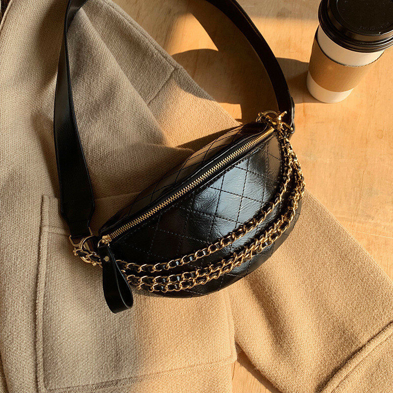 Bolsa feminina de peito com estampa de diamante, bolsa de alça com corrente de couro pu de qualidade, bolsa mensageiro de ombro pequena, carteira preta