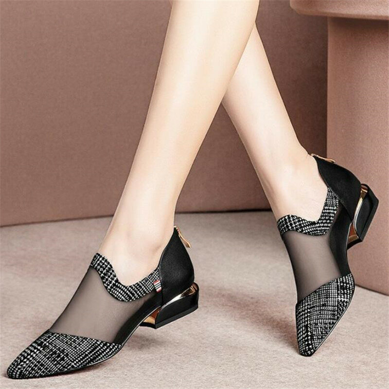 ฤดูร้อนผู้หญิงส้นสูงรองเท้าตาข่าย Breathable ปั๊ม Zip Pointed Toe รองเท้าส้นสูงแฟชั่นหญิงรองเท้าแตะรองเท้...