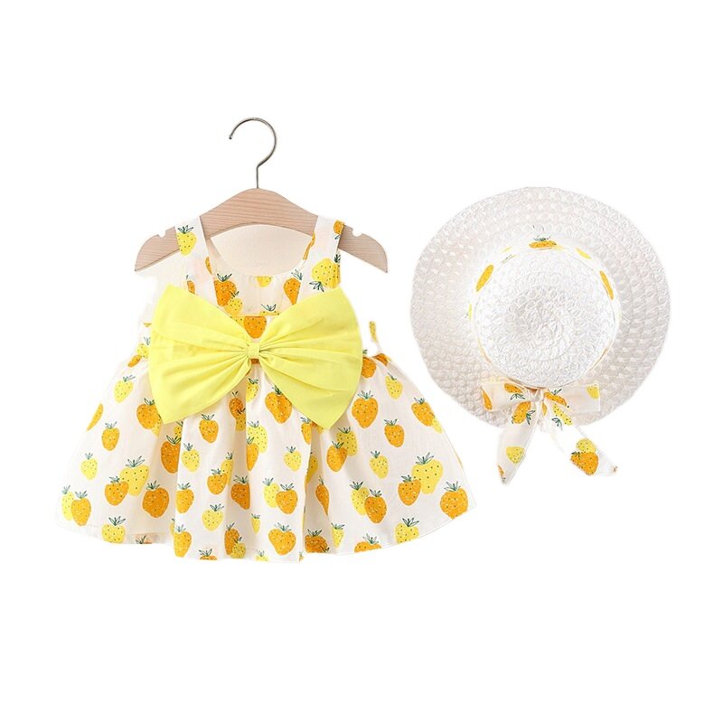 Платье для маленьких девочек, новинка 2021, летняя одежда для младенцев, платья с бантом и фруктовым принтом и шапкой, комплект из 2 предметов, ...