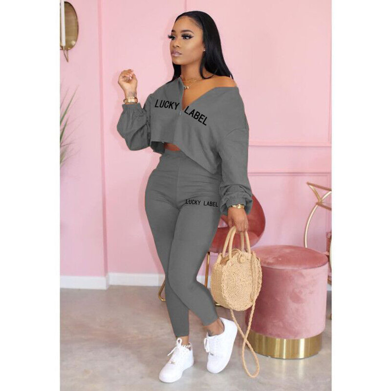 2021 Fall Clothes for Women Letter Printing Casual Elastic Waist Loungewear Women Fashion New Arrival Long Sleeve Two Piece Set