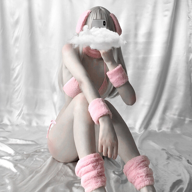 Disfraz de Anime Para Mujer, lencería Sexy, conjunto de Bikini de conejo rosa Para bebé, traje erótico, sujetador y Bragas Para Mujer