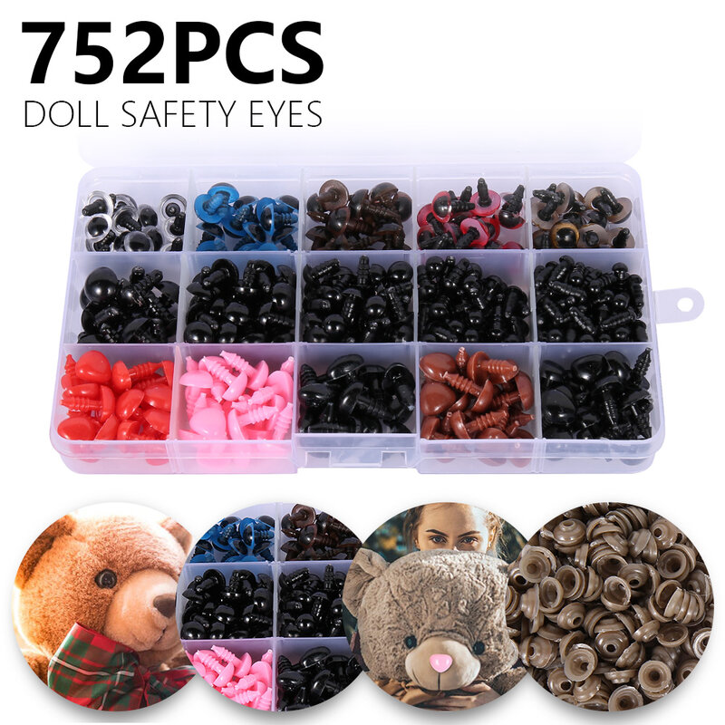 Olhos de segurança para artesanato em plástico, olho artesanal macio para bonecas de urso de pelúcia, acessórios de boneca artesanal de animal de amigurumi, 6-14mm 752 peças