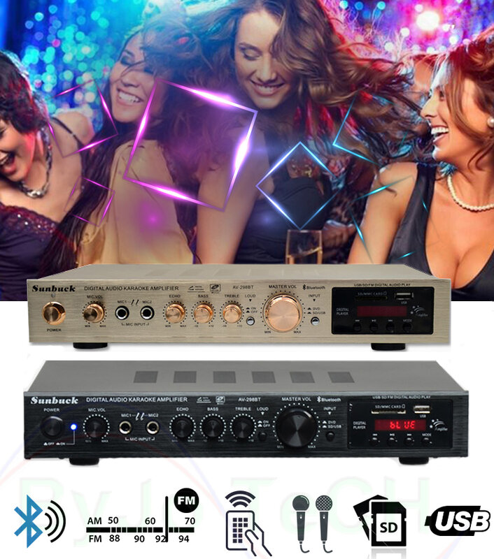 Sunback high Power Amplifier 200W + 200W 5.1 Vocal tract Dual ไมโครโฟนก้องกังวาน Bluetooth วิทยุ FM สนับสนุน SD USB