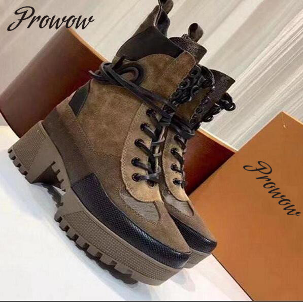 Prowow – bottes de gladiateur en cuir véritable kaki pour femme, chaussures à lacets et semelle épaisse, bout rond, talon haut, collection automne et hiver