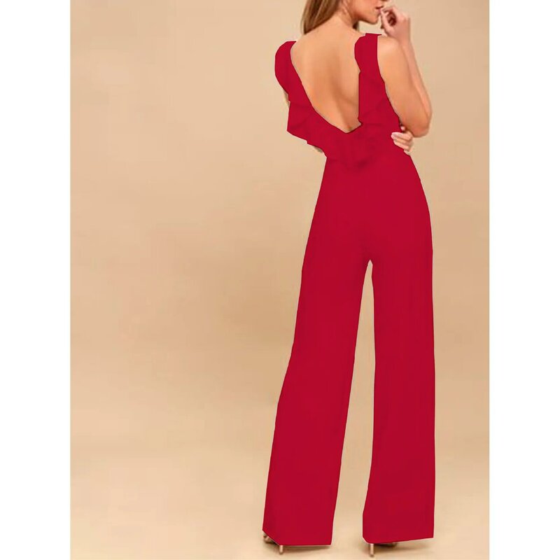 Ladies Jumpsuit Sexy Slim Sleeveless V-Neck Solid Color Ruffled Backless Straight Trousers Elegant Temperament Commute