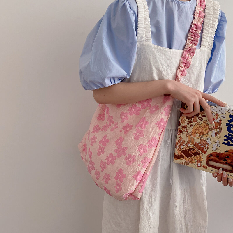 Floral Pattern Pleated Drape Shoulder Bag Strap Pull Rope Casual Tote Bag Women&#39;s Lovely Crossbody Bag Jacquard Soft Handbag
