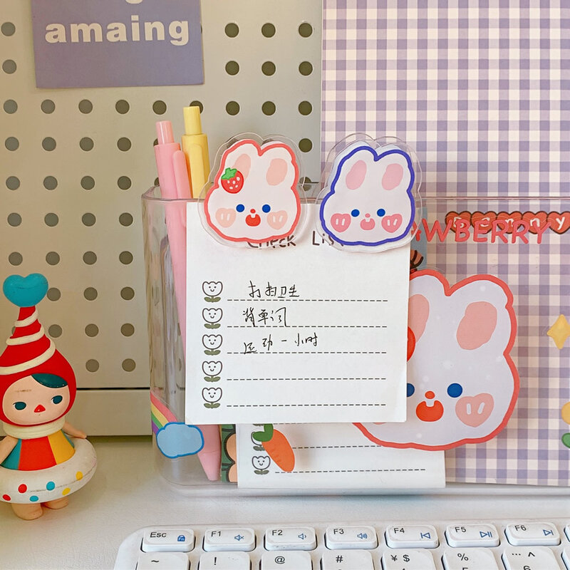 Clip de acrílico Kawaii para estudiantes, Clip de papel de dibujos animados de oso de conejo dulce, Clip de libro de animales, accesorios de papelería, 5 uds.